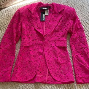 ROMWE Women's Vibrant Pink Lace Blazer